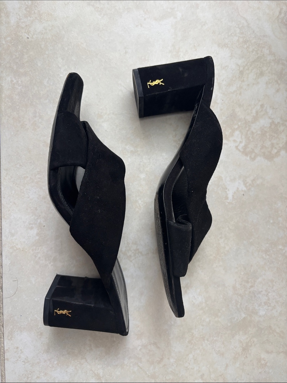 Yves Saint Laurent Black Suede Twist Mule Heels with Gold Logo